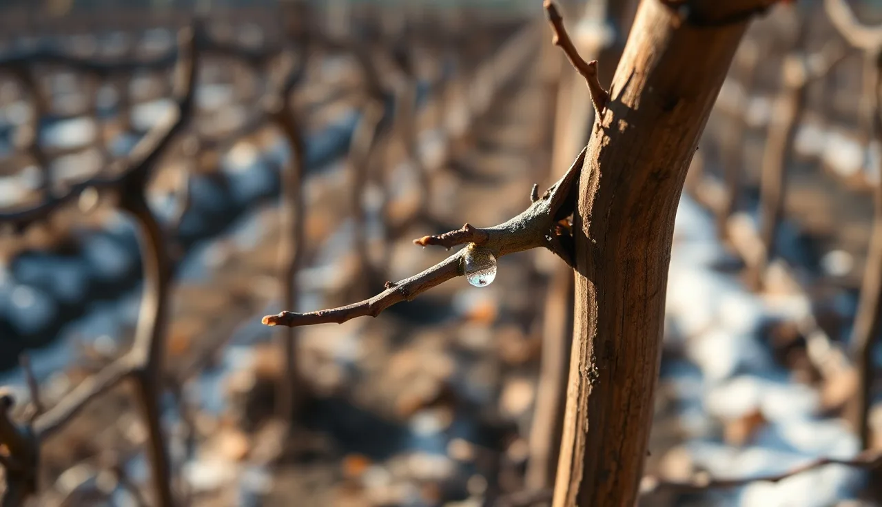 Clear sap weeping from a fresh pruning cut on a dormant grapevine cordon in winter