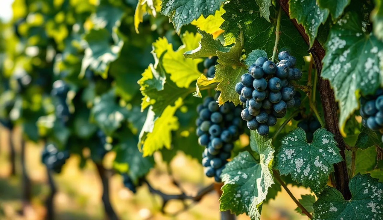 White powdery mildew colonies visible on grapevine leaves and young clusters in a vineyard