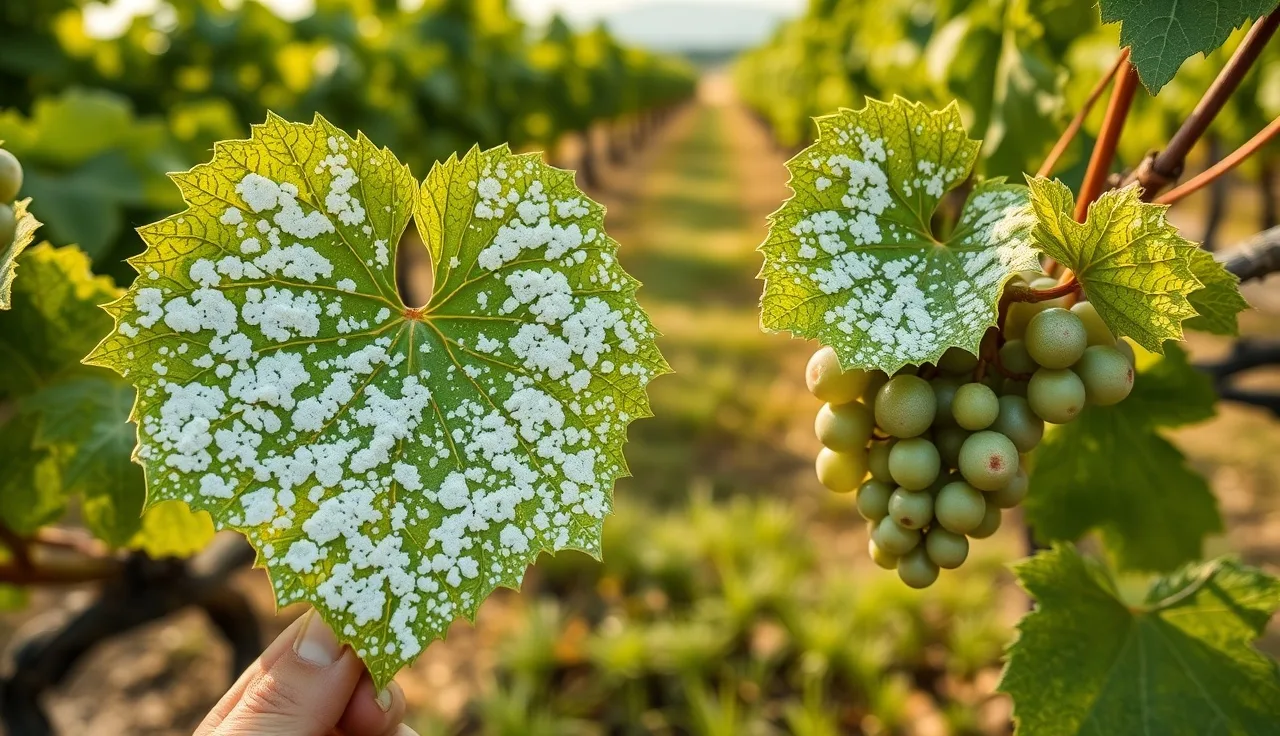 White powdery mildew colonies visible on grapevine leaves and grape clusters in a vineyard