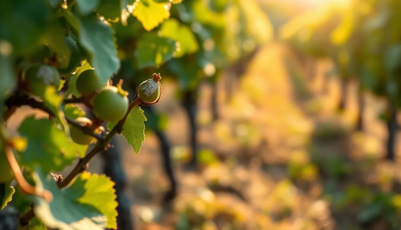 Young grape vine shoots with white powdery mildew on internodes in spring vineyard