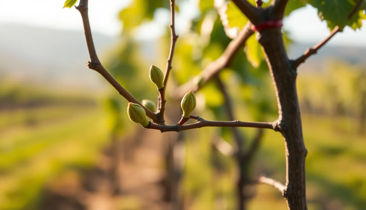 Grapevine cane with green buds swelling at budbreak in spring vineyard