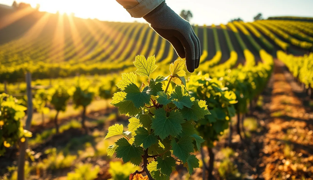 Vineyard worker removing leaves from grape cluster zone during canopy management