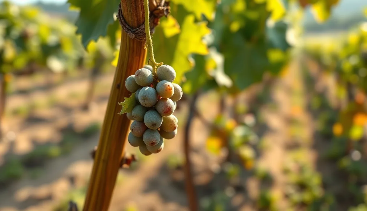 Diseased grapevine shoot with chlorotic cupped leaves beside healthy green shoots in a vineyard row