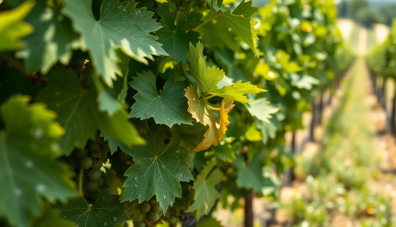 Grapevine leaves showing white powdery mildew patches and yellow disease symptoms in a vineyard row