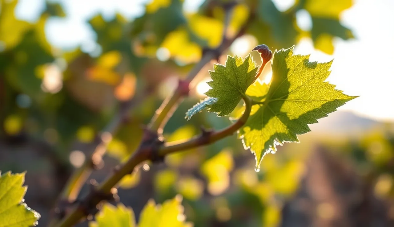 Healthy grapevine shoots with dew-covered leaves in early morning vineyard light