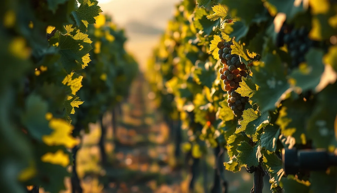 Grapevine leaves showing powdery mildew symptoms in a foggy morning vineyard