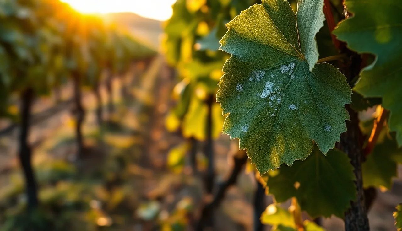 Grapevine leaves showing powdery mildew lesions in an Australian vineyard at dusk