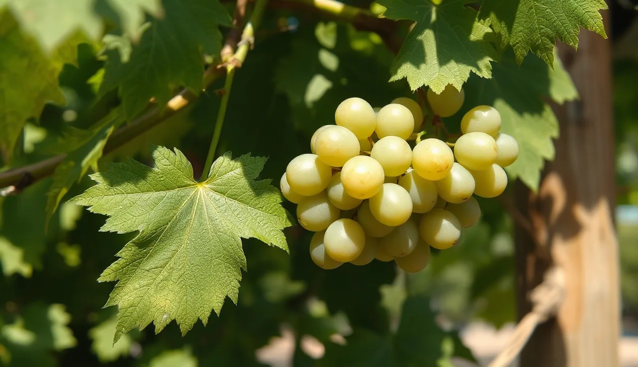 Backyard grapevine leaves with powdery mildew on a wooden trellis