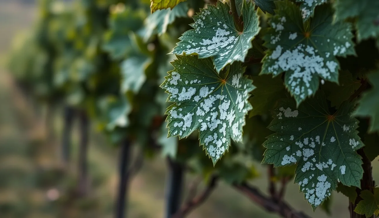 Grapevine leaves with visible powdery mildew disease symptoms in a vineyard row