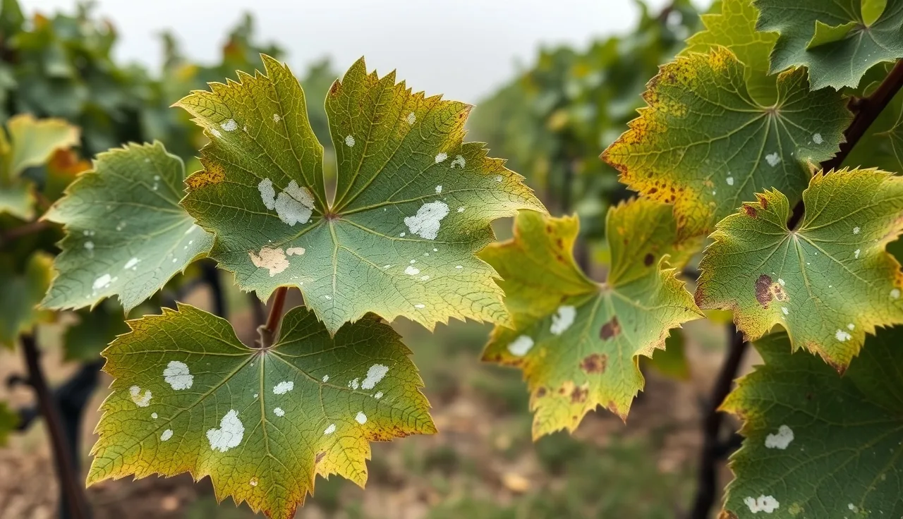 Grapevine leaves showing powdery mildew symptoms in a California coastal vineyard
