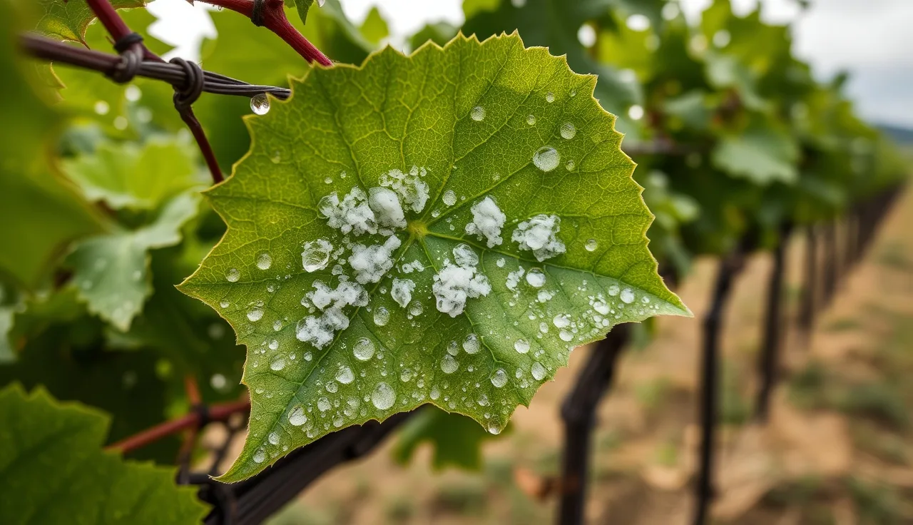 Grapevine leaf underside with white downy mildew sporulation in a vineyard
