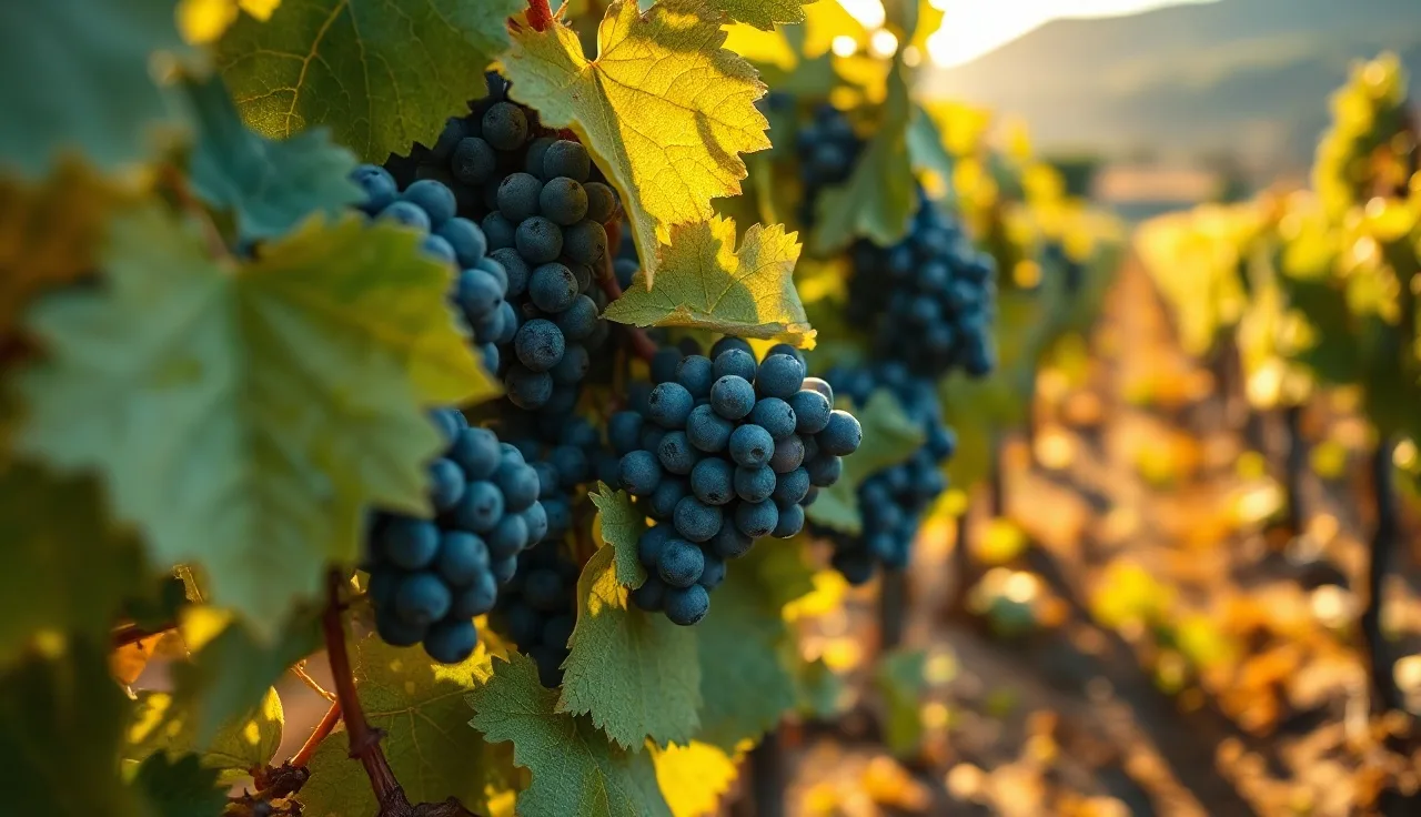 Grapevine leaves showing disease symptoms in a vineyard row at dawn