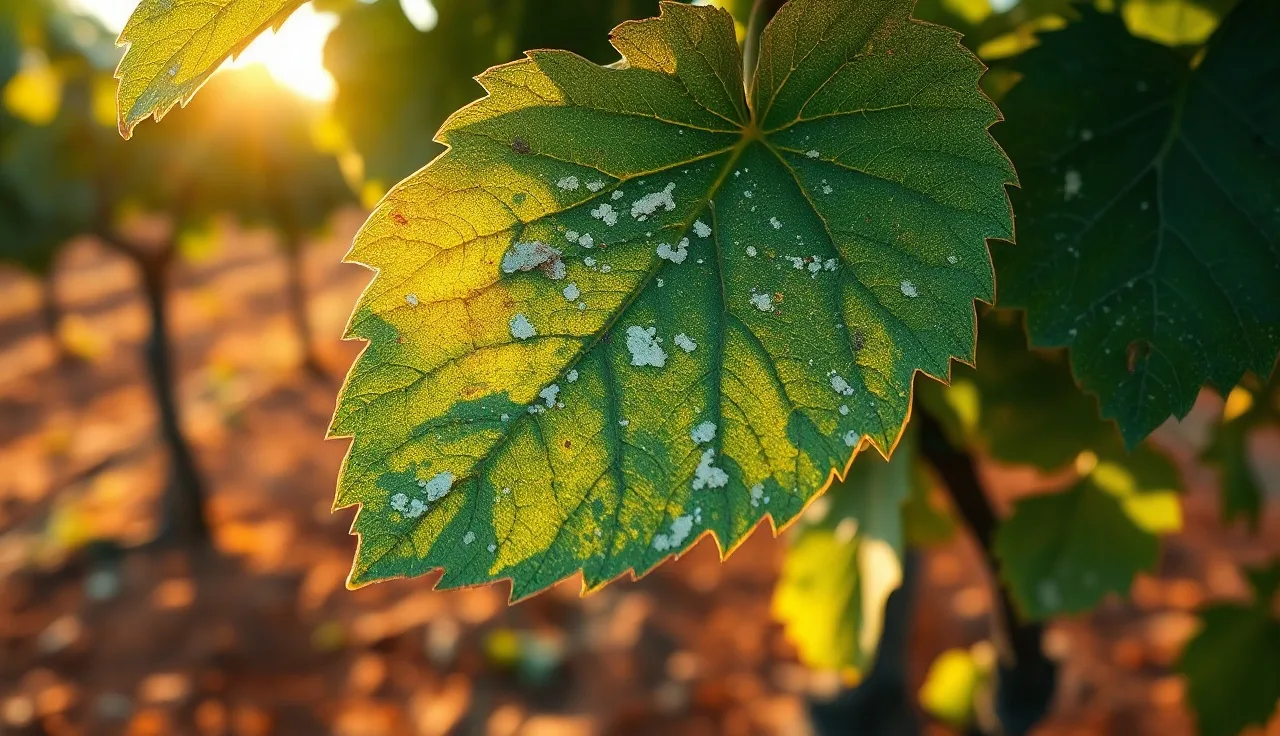 Grapevine leaf with white powdery mildew coating in a South African vineyard row