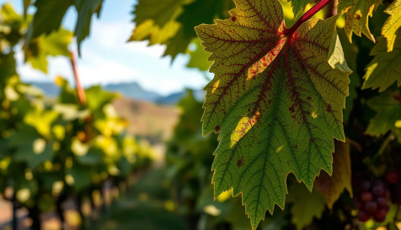 Grapevine leaves showing leafroll virus symptoms in a New Zealand vineyard autumn