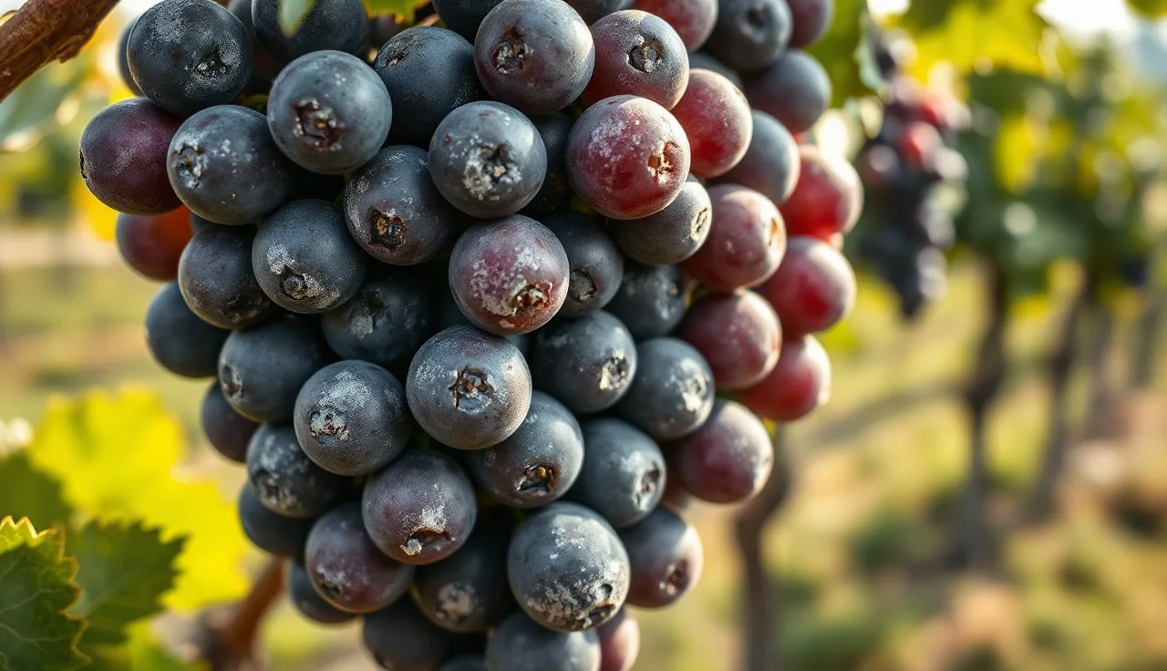 Pinot noir grape cluster with white powdery mildew coating in a vineyard row