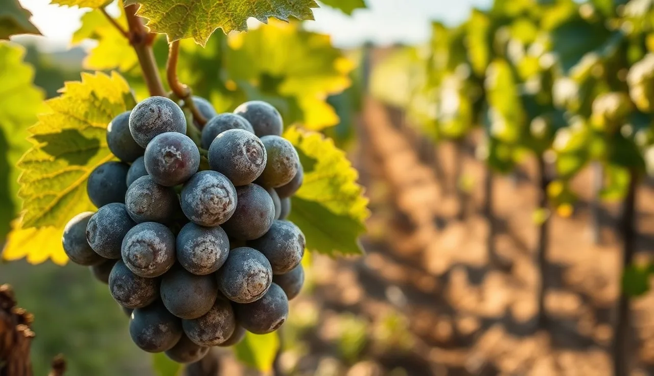 Grapevine leaves and cluster showing white powdery mildew in a vineyard row at dawn