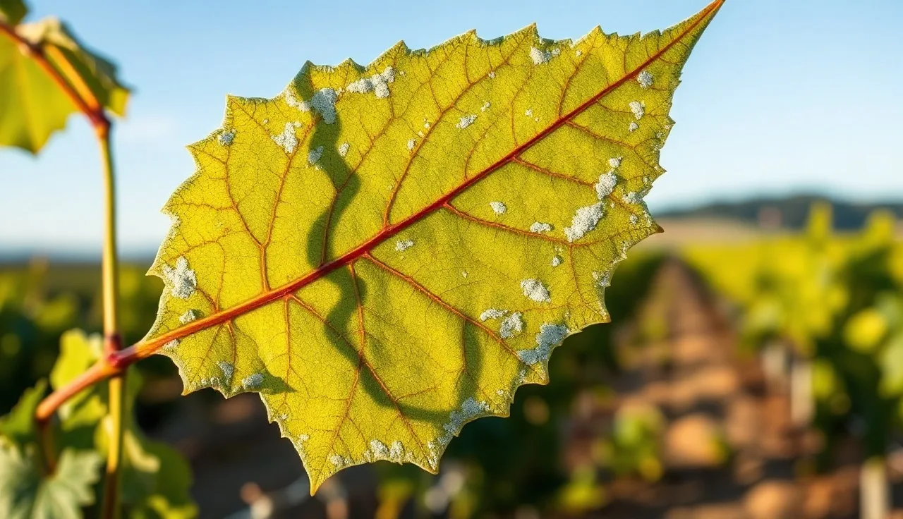 Grapevine leaf with powdery mildew symptoms held in morning vineyard light