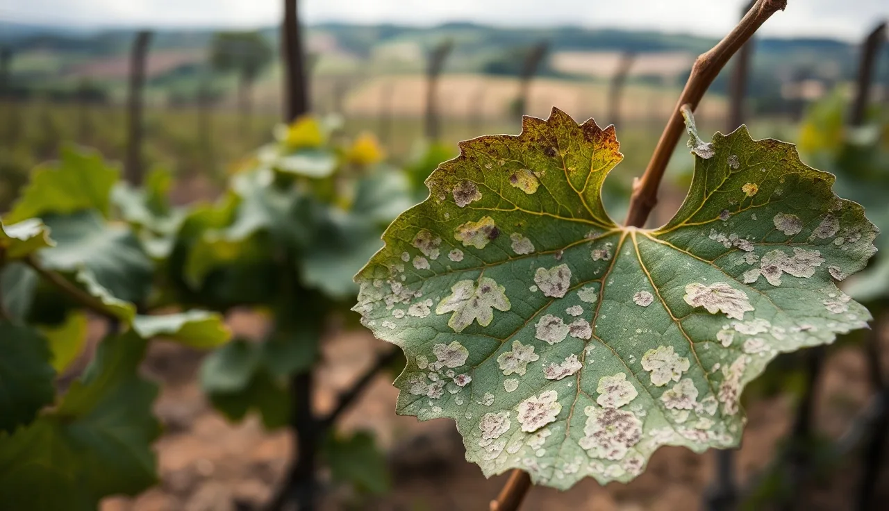 Grapevine leaf showing powdery mildew disease symptoms in an English vineyard