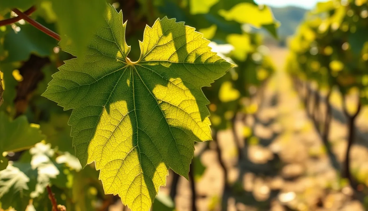 Grapevine leaf with yellow and brown disease symptoms in a vineyard row