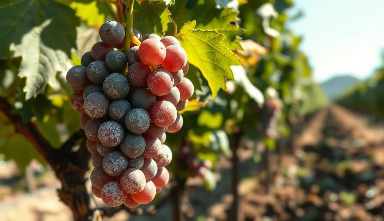 Early powdery mildew growth on grapevine leaves and cluster at bloom