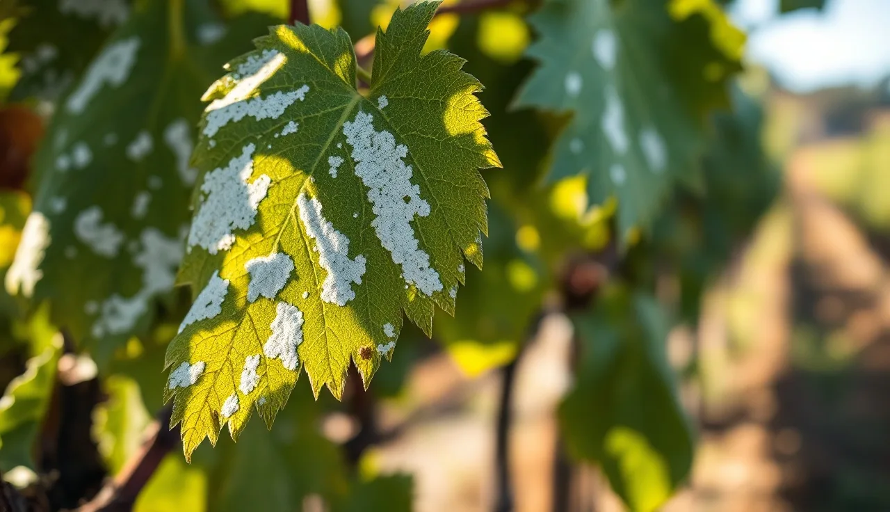 Grapevine leaf covered in white powdery mildew coating in a vineyard row