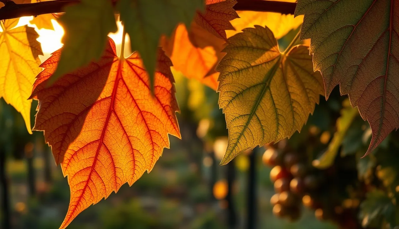 Grapevine leaves showing leafroll disease symptoms with red interveinal coloring and rolled margins
