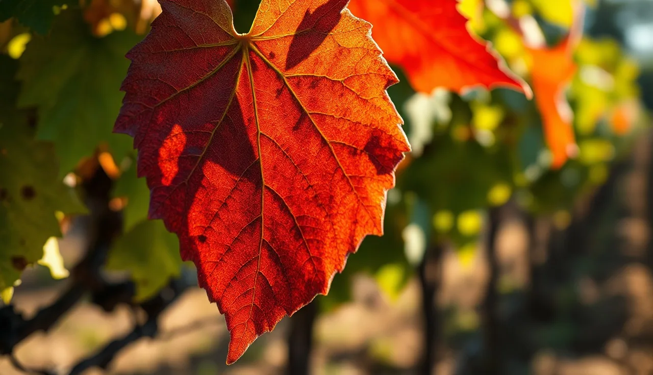 Grapevine leaf showing red discoloration and downward rolling typical of leafroll disease