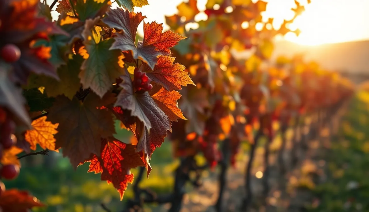 Red grapevine leaves with interveinal reddening symptom of leafroll disease in vineyard row