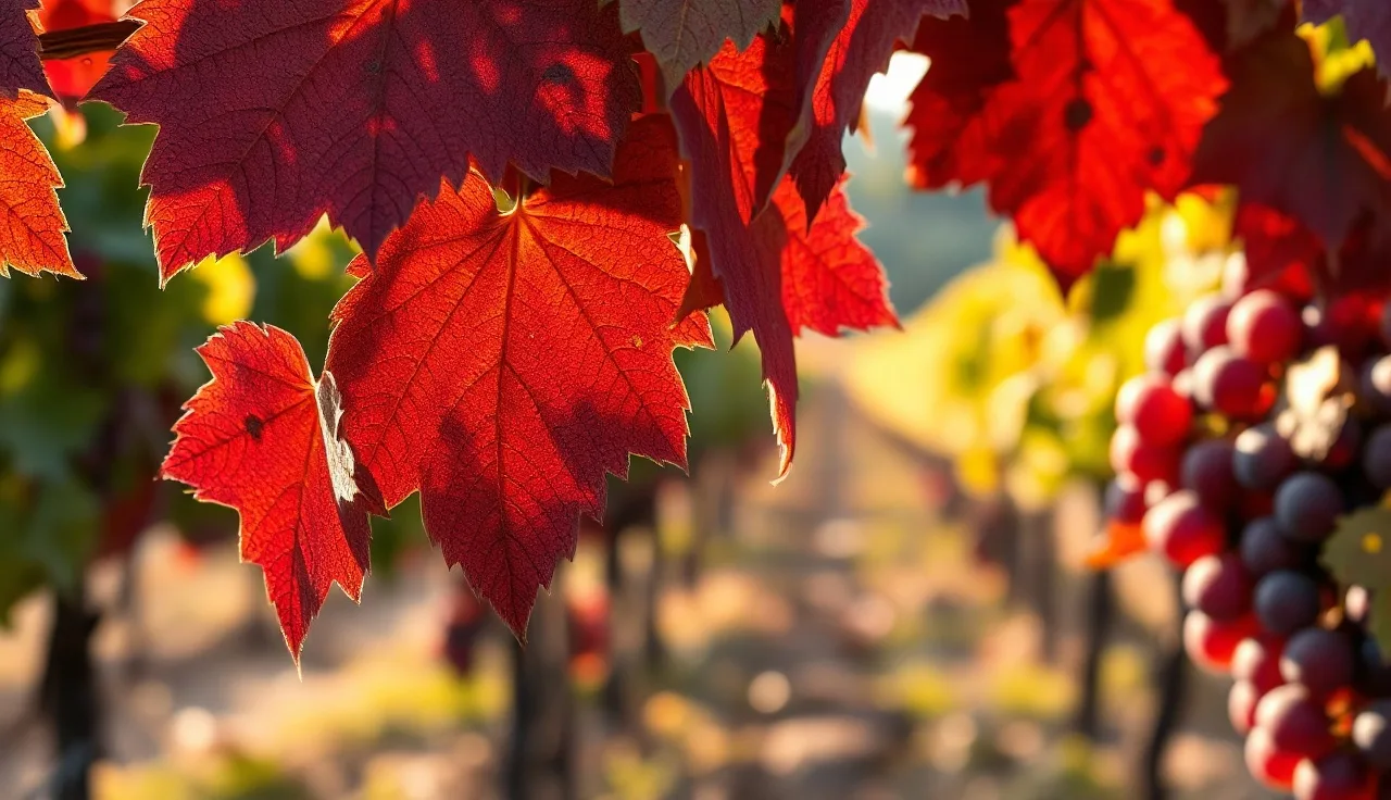 Grapevine leaves showing leafroll disease symptoms with red discoloration and downward curling