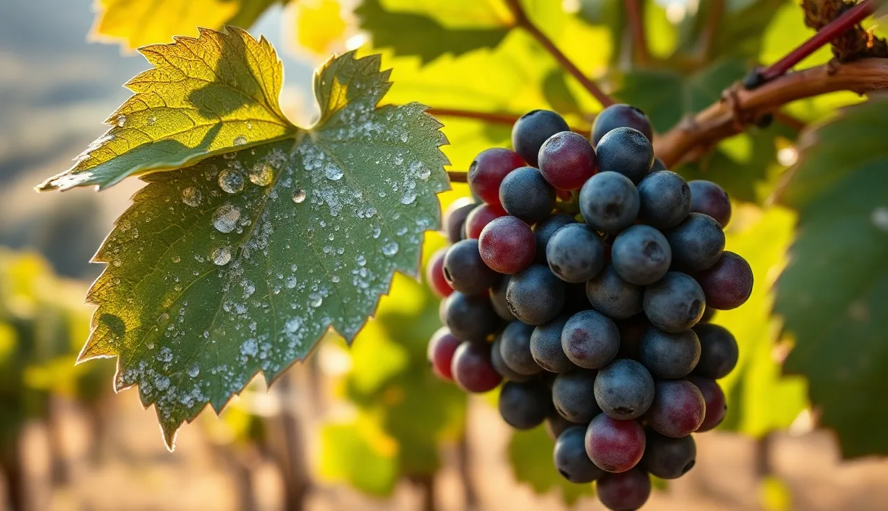 Wine grape cluster with powdery mildew on leaves in a vineyard row