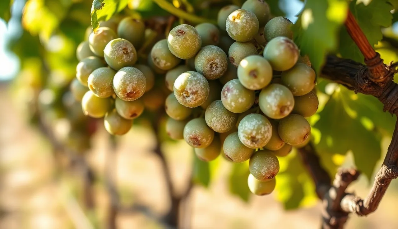 White powdery mildew coating on young grapevine cluster berries in morning vineyard light
