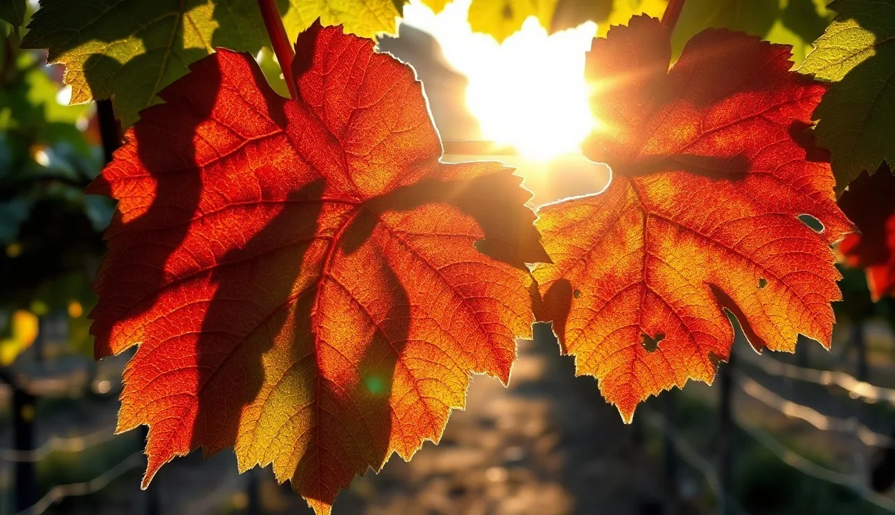 Grapevine leaf showing red blotch disease symptoms with green veins in a vineyard row