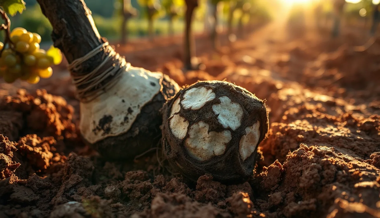 Exposed grapevine roots with white mycelial rot in a vineyard soil trench