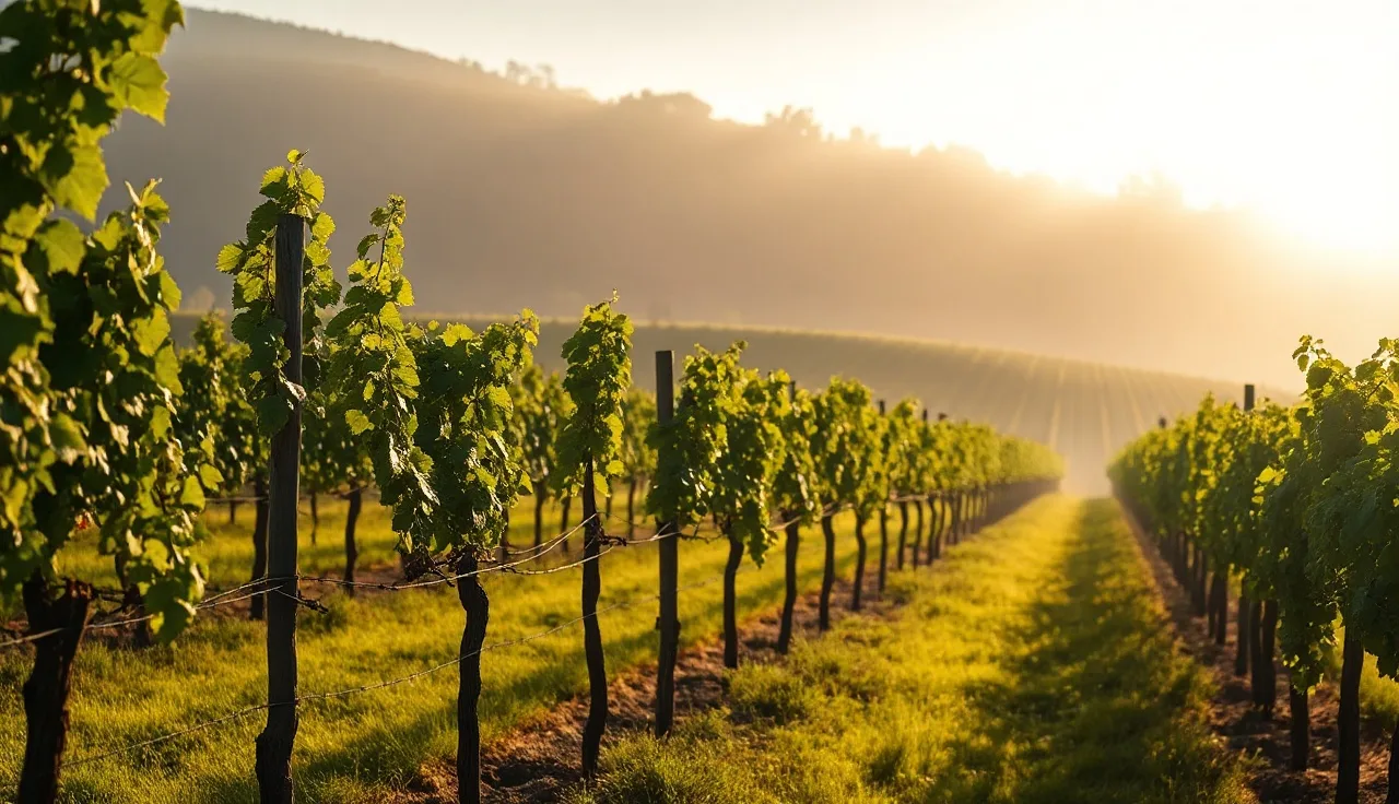 Rows of VSP-trained grapevines on wooden trellis posts in a California vineyard at dawn