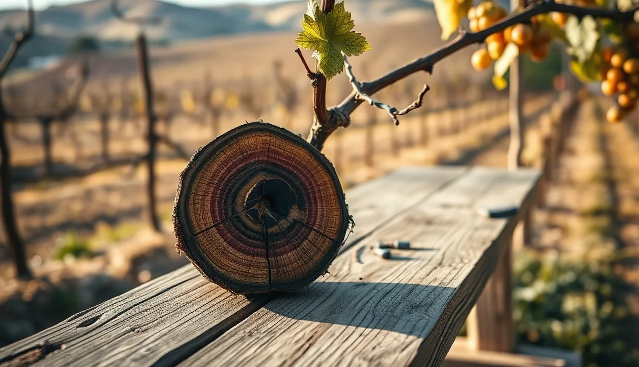 Cross-section of a grapevine trunk showing dark wood staining from trunk disease infection