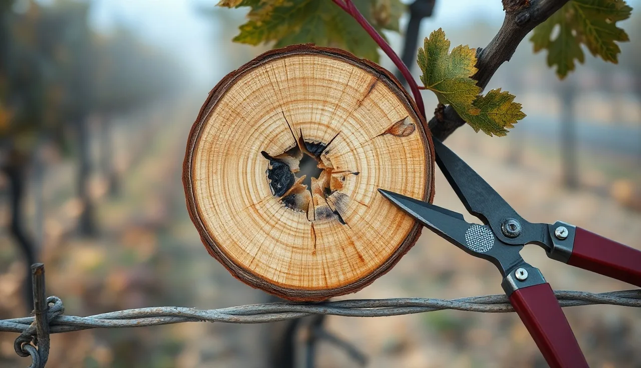 Cross-section of a grapevine cordon showing dark necrotic trunk disease wood staining