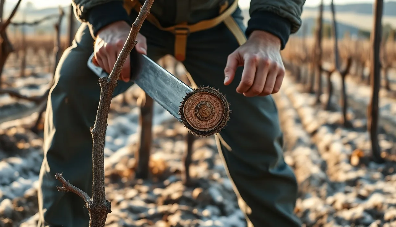 Vineyard worker cross-sectioning a grapevine cordon to check for trunk disease