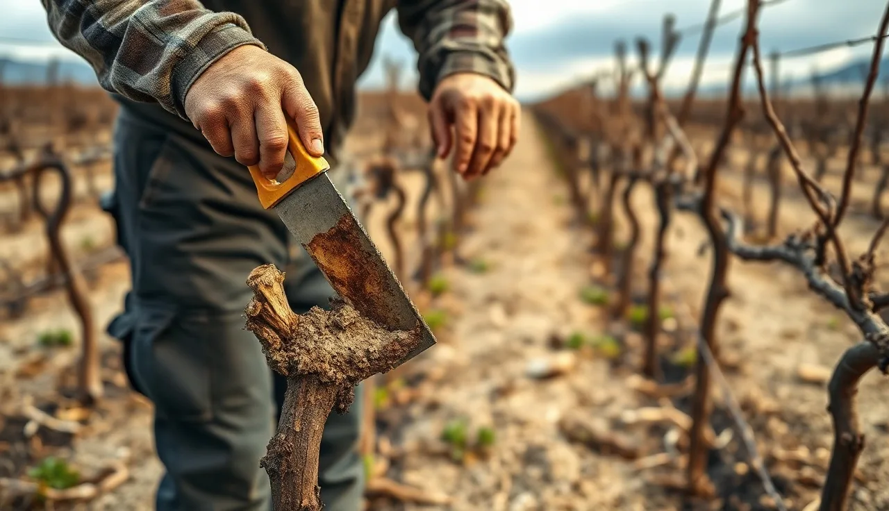 Vineyard worker cutting through a grapevine cordon to expose trunk disease canker in cross-section