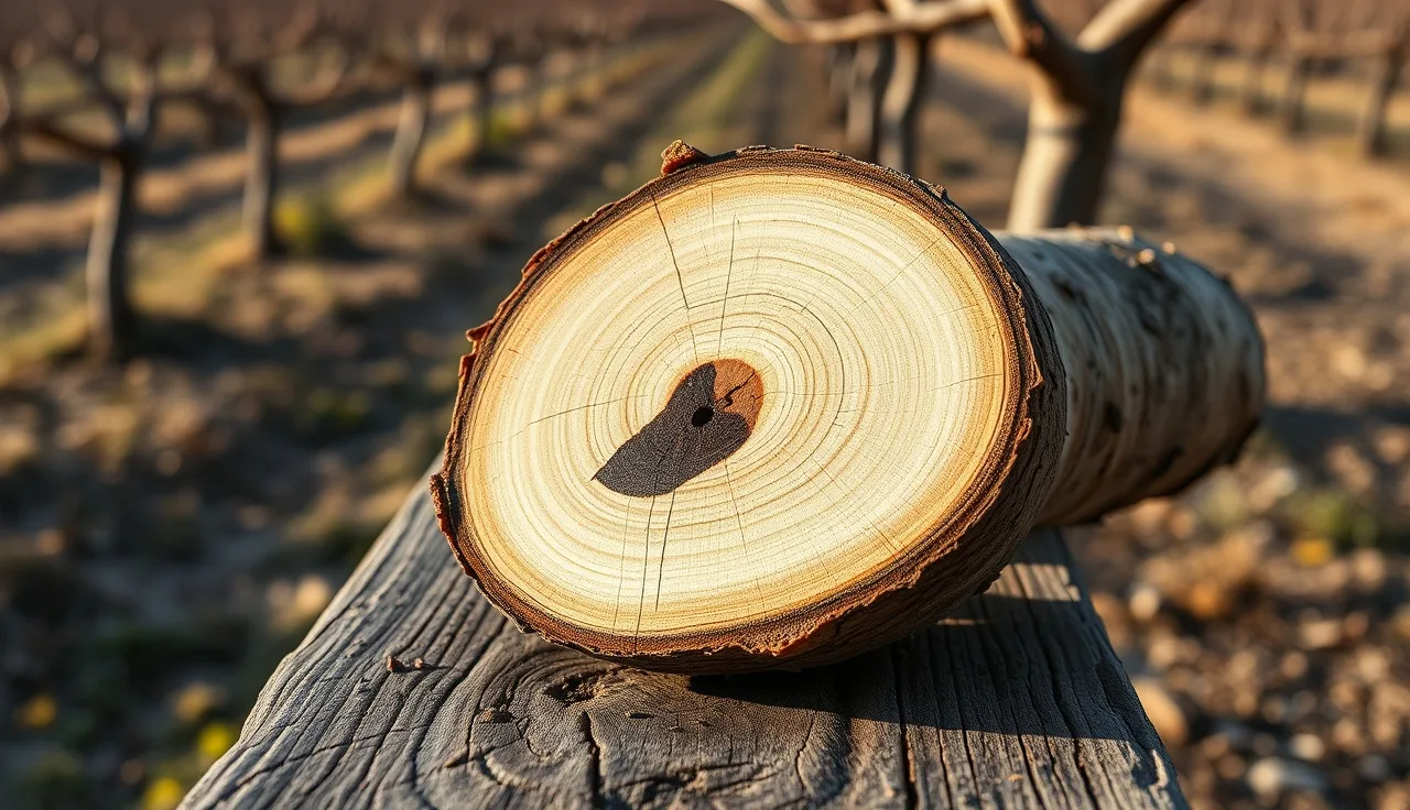 Grapevine trunk cross-section showing dark wedge-shaped trunk disease necrosis on pruning bench