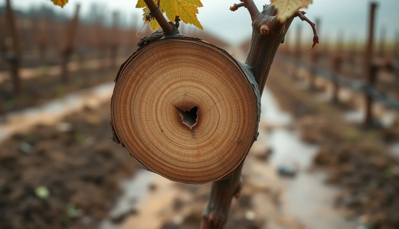Cut grapevine cordon cross-section showing dark internal necrosis from trunk disease