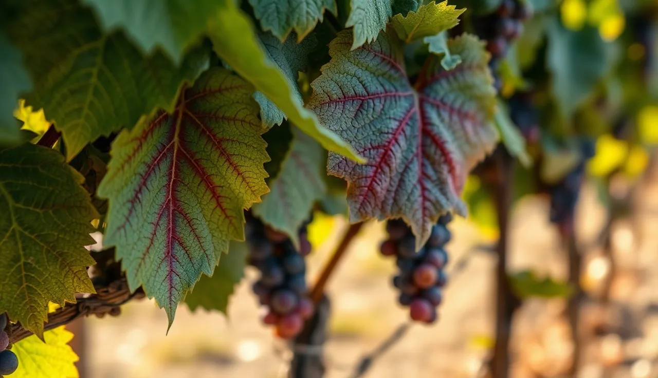 Grapevine leaves with red blotch and leafroll virus symptoms in a vineyard row