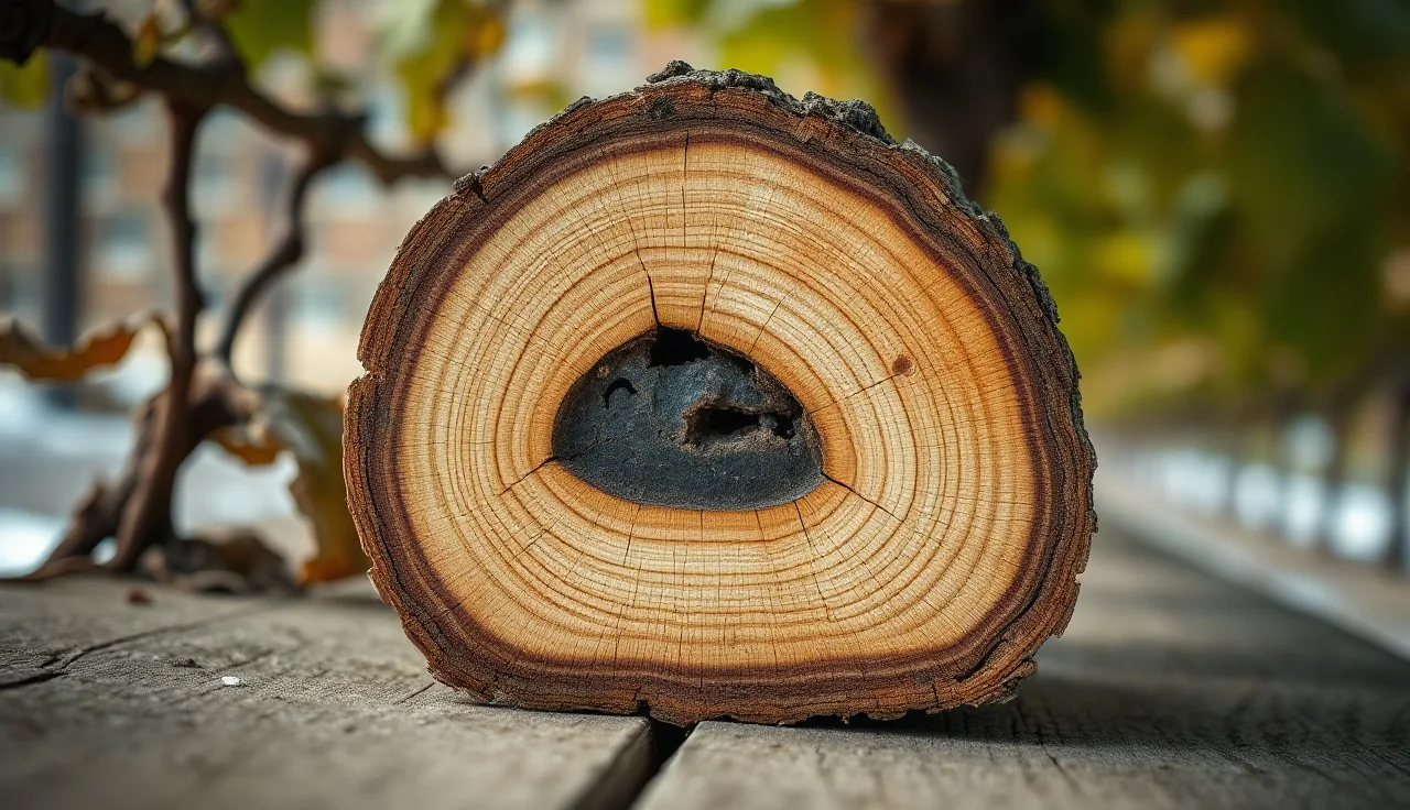 Cross-section of a grapevine cordon showing a dark wedge canker from wood disease