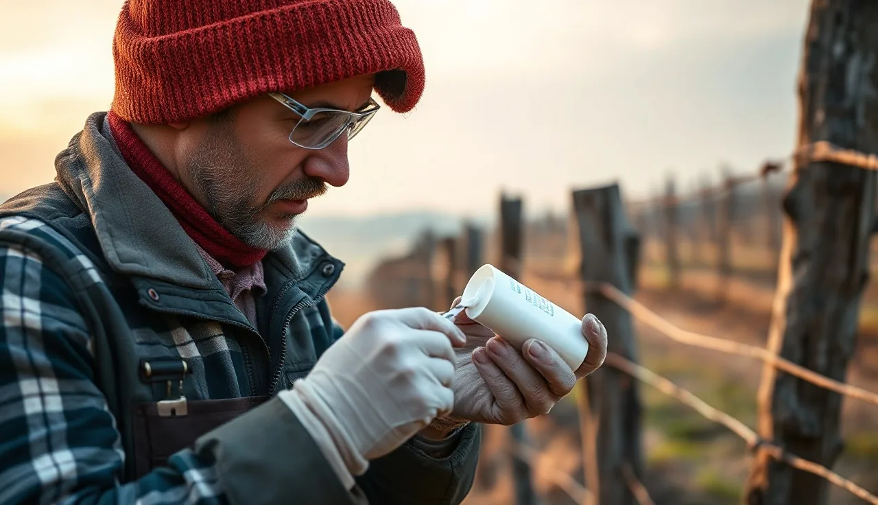 Vineyard worker applying wound dressing to pruned grapevine cuts in winter