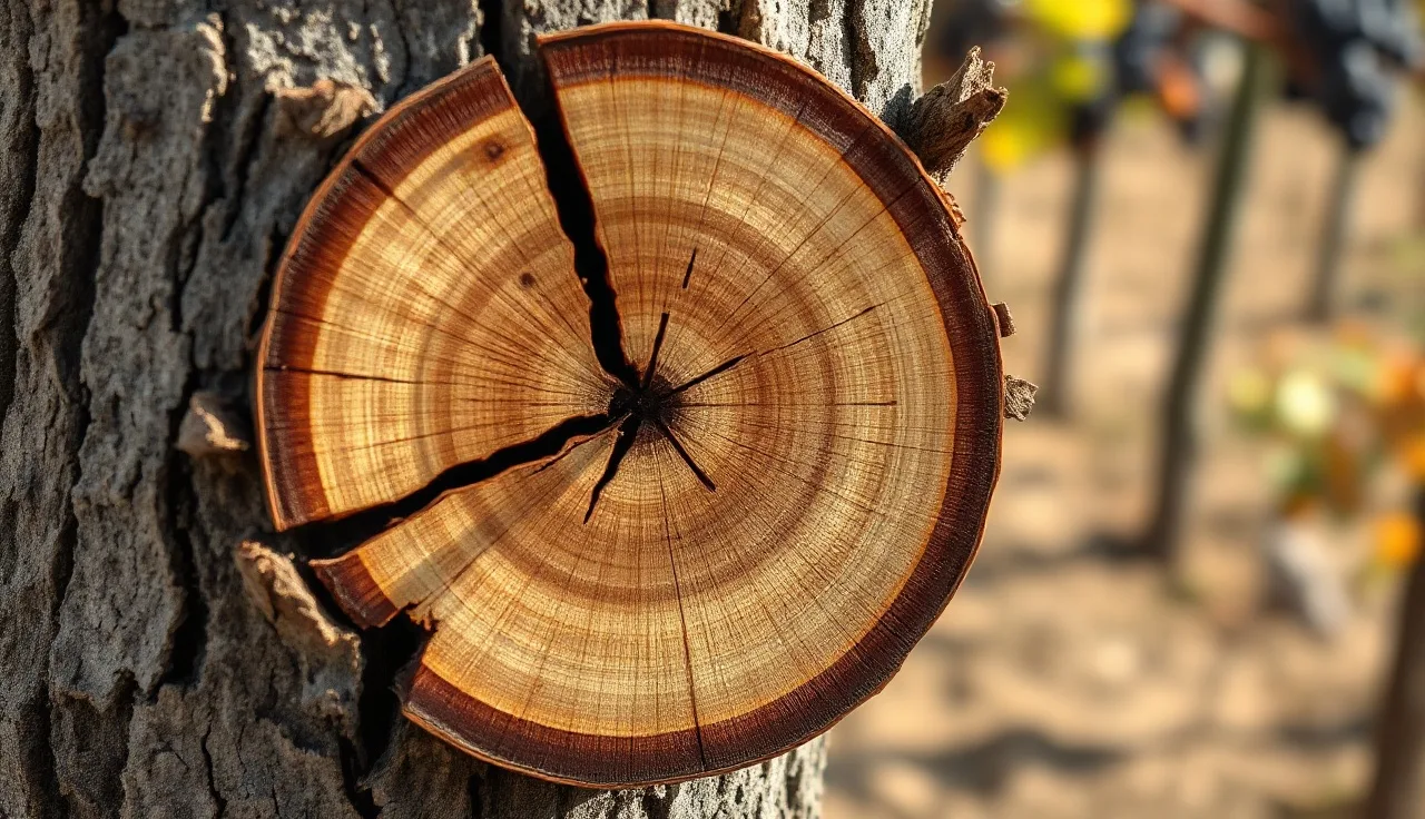 Cross-section of a grapevine trunk showing dark xylem discoloration from trunk disease fungi