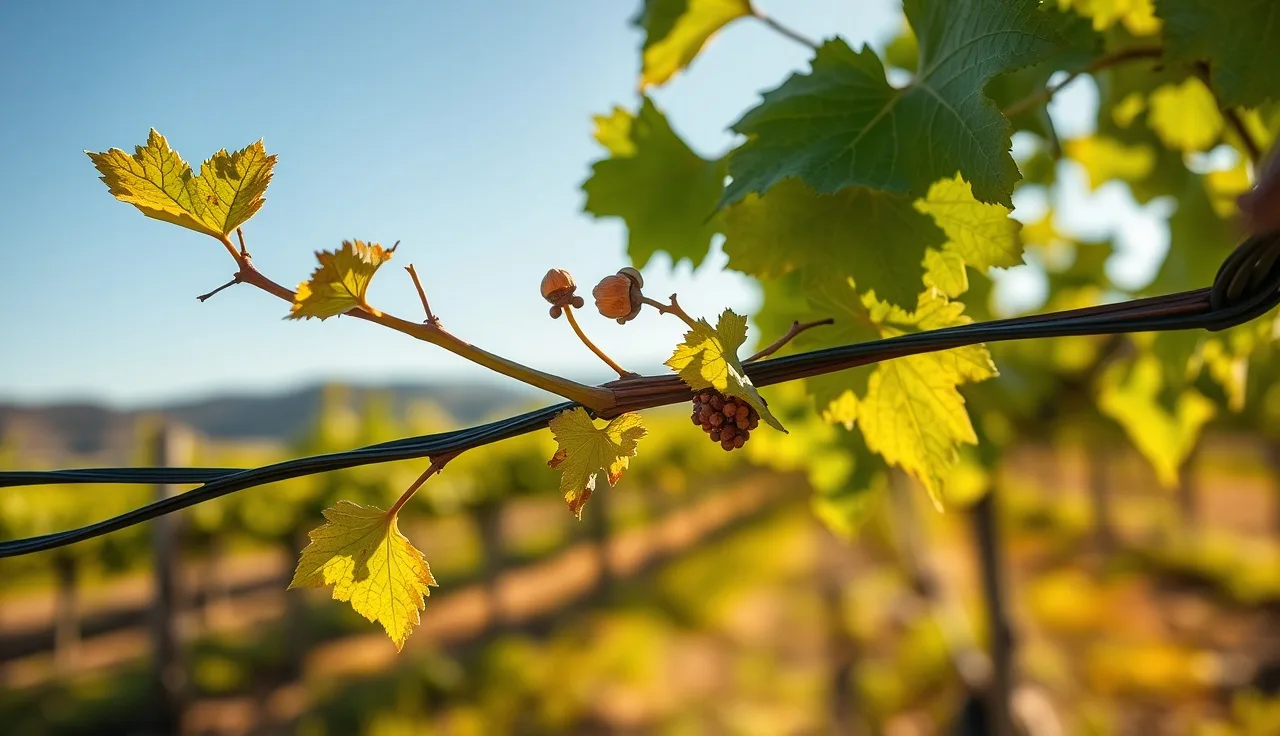 Grapevine shoot with yellowed diseased leaves on a trellis wire in a vineyard