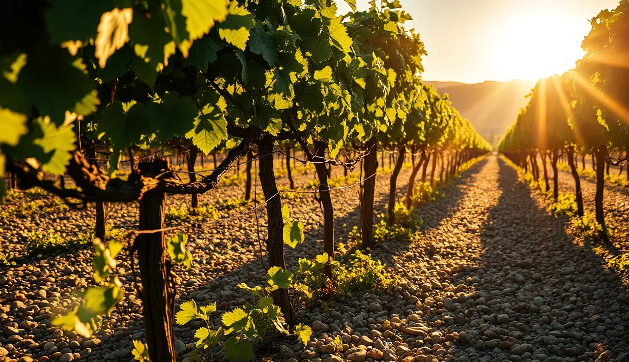 Mature grapevines growing in rounded river gravel at a vineyard in afternoon light