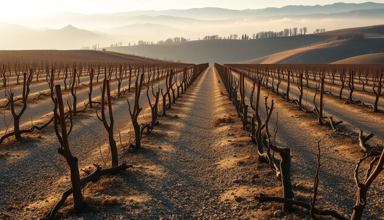 Dormant grapevines growing in gravelly loam soil on a sunlit Tuscan hillside