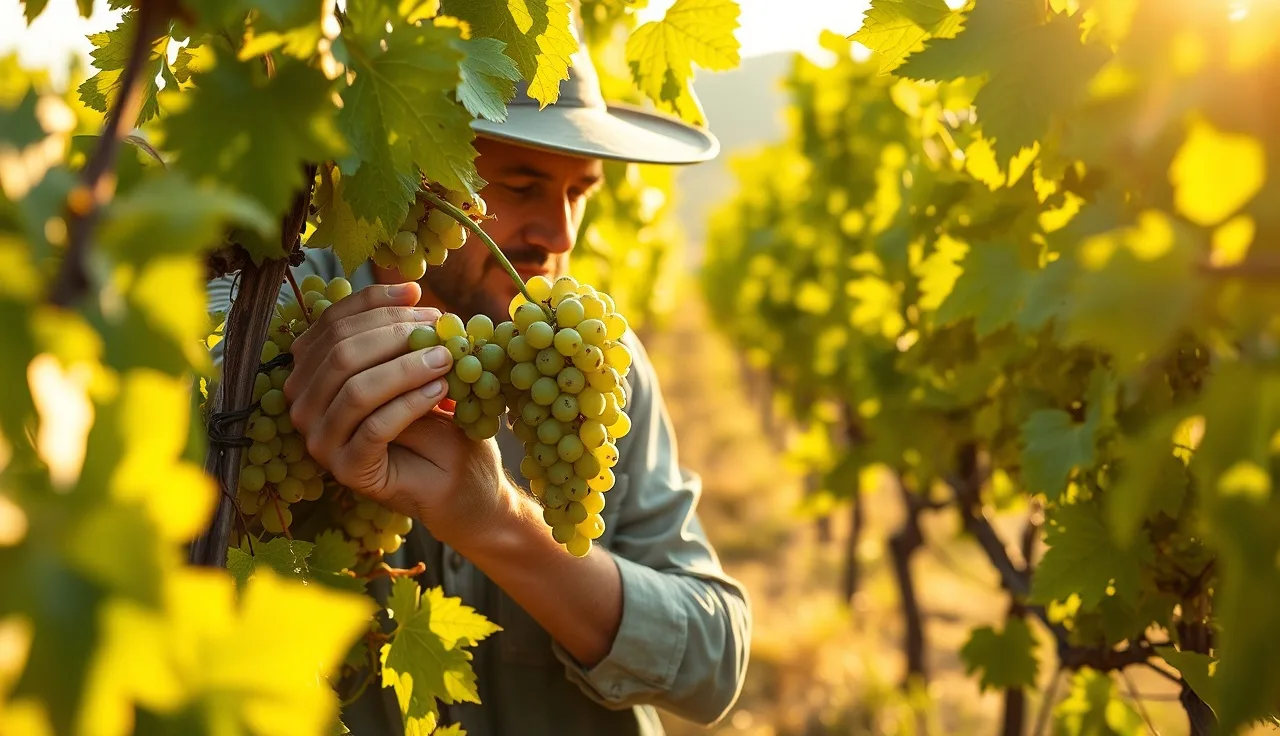 Vineyard worker removing a green cluster during crop thinning in a summer vine row