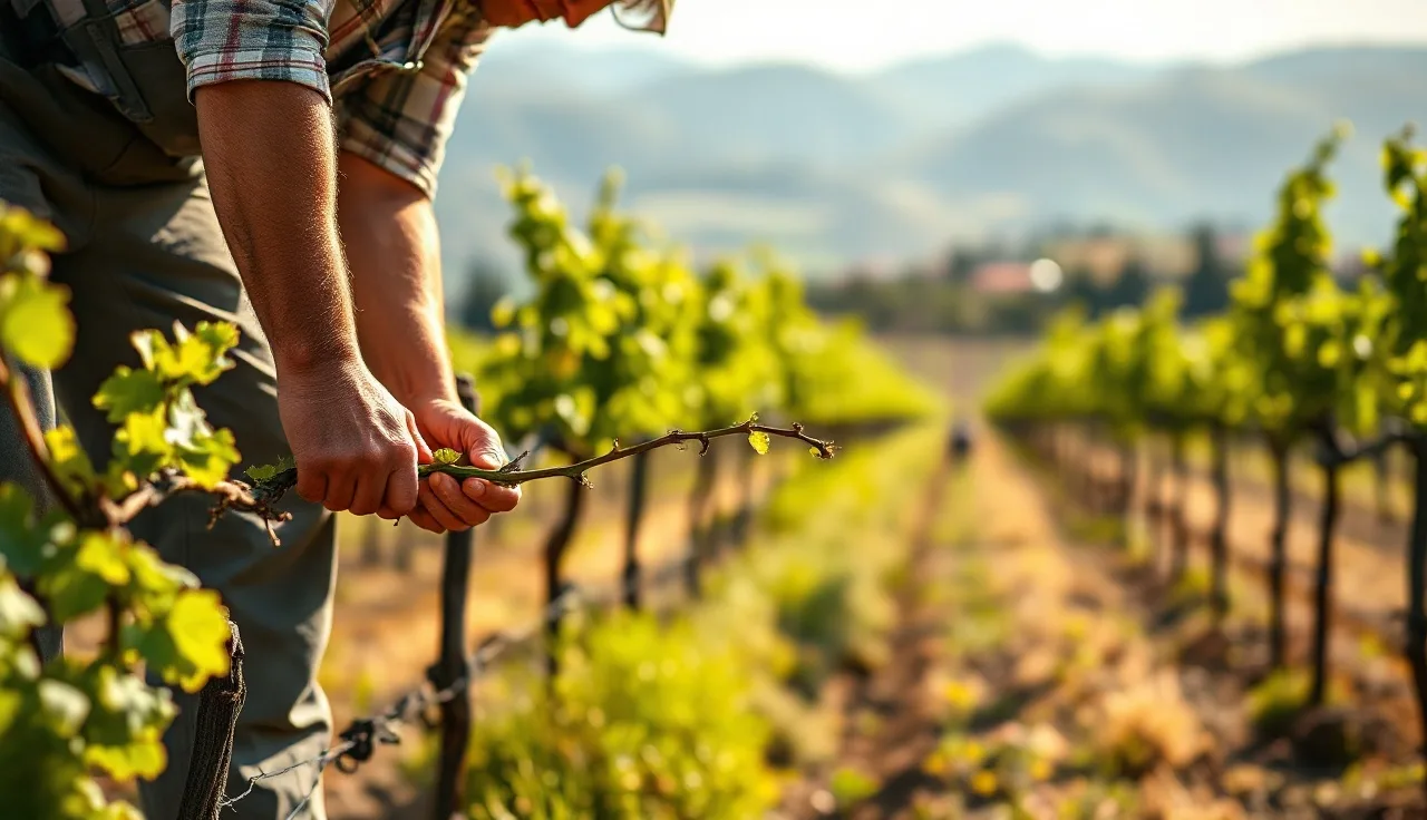 Vineyard worker thinning green shoots on a grapevine cordon in morning light