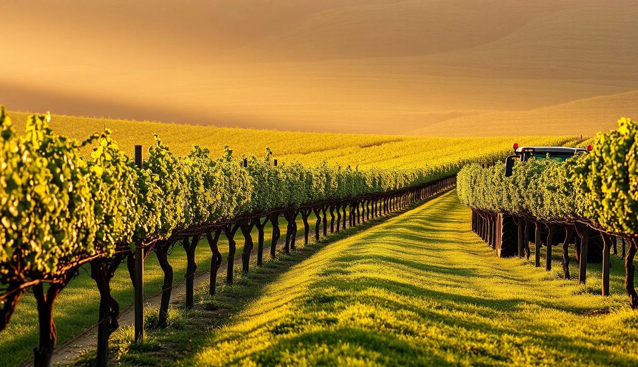 Morning vineyard rows with tractor parked beside vines under golden light